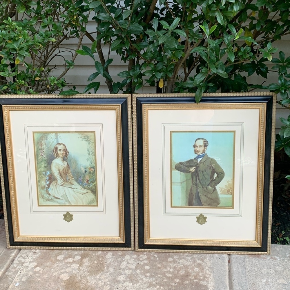 Antique Framed Art Print Portraits set of 2‎ women men Victorian gold leaf black